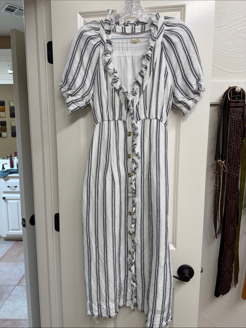Anthropologie White Midi Dress with Black Stripes